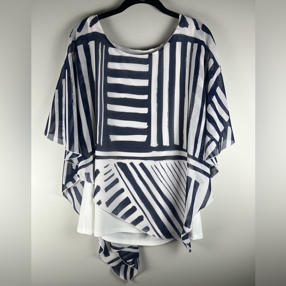 MICHAEL TYLER Blouse Layered Top Blue White Sz Large NWT